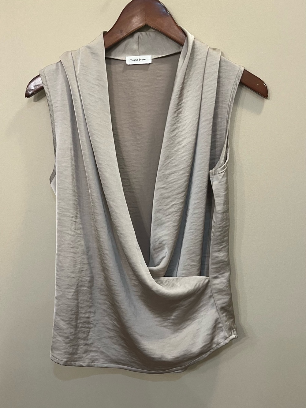 Triple Seven drapey faux wrap blouse sleeveless taupe medium